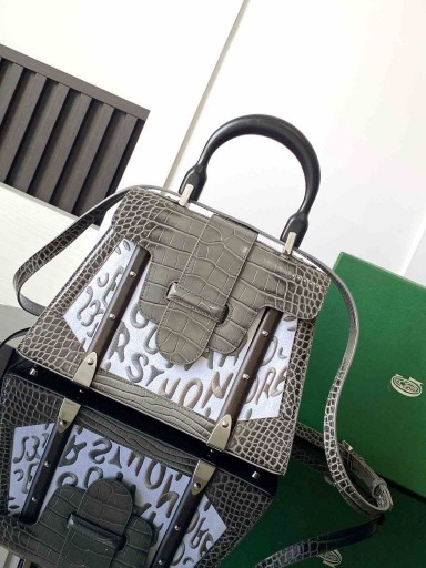 Saïgon PM Bolso de piel de Cocodrilo Bordado en Gris